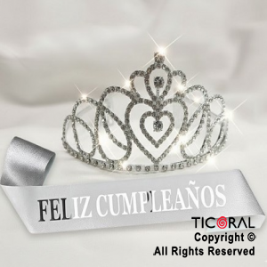 SET VINCHA Y BANDA FELIZ CUMPLEA�OS STRASS CORAZON PLATA (10548S) X 1